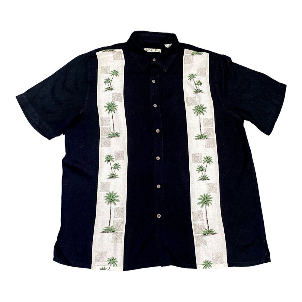 Batik Bay Shirt Mens L Black White Hawaiian Aloha Tropical Palm Loose Grandpa